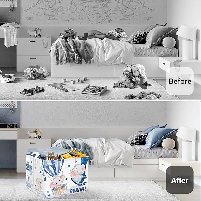 Sleeping Animals Baby Laundry Hamper Collapsible Clothes Kids Storage Basket Large Boys Girls Gift Toy Box Bin for Nursery, Elephant, 36L