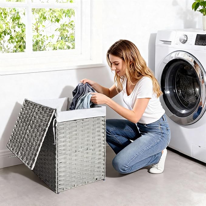 Wicker Laundry Hamper with Lid,24Gal (90 L) Rattan Laundry Basket 2 Sections with Lid, Removable Machine Washable Line, Large Clothes Hamper with Handles for Bathroom Bedroom, Gray