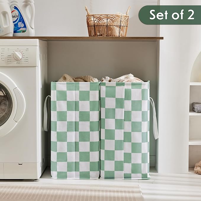 Checkered Laundry Hamper, Pack of 2, Sage Green Aesthetic Cute Large Collapsible Cloth Hampers Basket for Storage Organization Cute Aesthetic, 2 x 75L