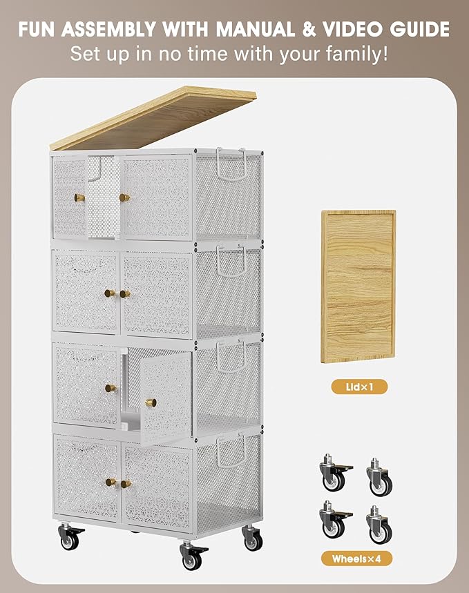 4 Tier Metal Storage Cabinet with wheels, Storage Bins with Magnetic Doors, Storage Cart for Living Room, Bedroom, Bathroom, Kitchen