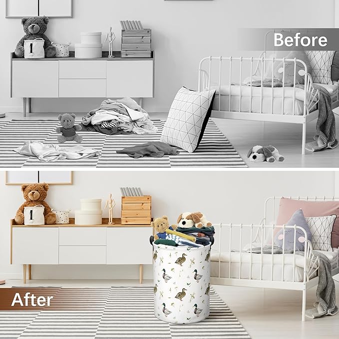 Mallard Duck Laundry Basket, Collapsible Waterproof Oxford Cloth Laundry Hamper, Funny Round Kids Toys Storage Basket as Room Decor, Cute Duck Dirty Clothes Hamper for Bedroom Bathroom Dorm (Brown)