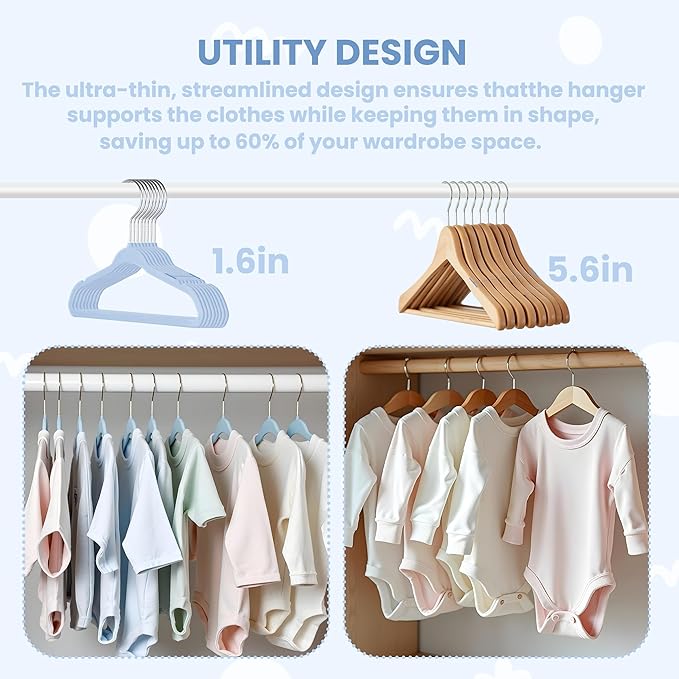 InfiniPower 30 Pack Kids Velvet Hangers, 11 Inch Baby Hangers with Non-Slip Design for Toddler Closet, Infant Clothes, Coats & Skirts, Blue
