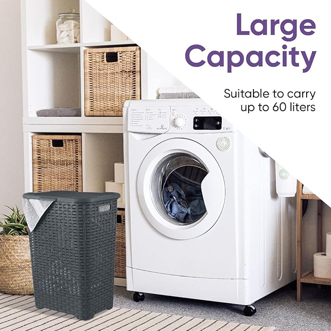 Plastic Laundry Hamper with Lid Laundry Hamper Basket, Grey Tall Cloths Hamper Organizer with Cut-out Handles. Space Saving for Laundry Room Bedroom Bathroom, Wicker Design 60 Liter