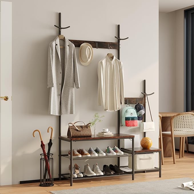 CharaVector Hall Tree Coat Rack Shoe Bench, Industrial Design, 3-in-1, Rustic Brown
