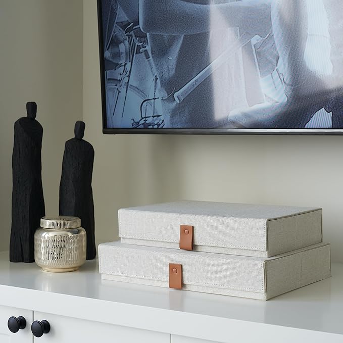 Decorative Photo Storage Boxes with Lids - Set of 2 Beautiful Linen Organizers Are Perfect to Safely Store Your Pictures, Documents, Scrapbooking Supplies, Keepsakes and Other Memories in Style