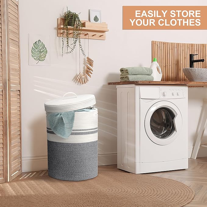Woven Laundry Basket with Handles, XXL Versatile Clothes Hamper, Blanket and Large Toy Storage Basket for Living Room, Bedroom, Bathroom (Grey, 55L)