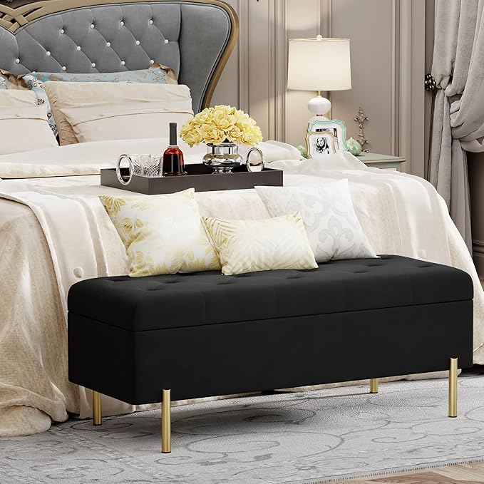 Andeworld Velvet Storage Bench, Modern Bedroom Bench, Upholstered Tufted Large Settee Ottoman with Storage Bench for Bedroom,Living Room,Entryway,Black
