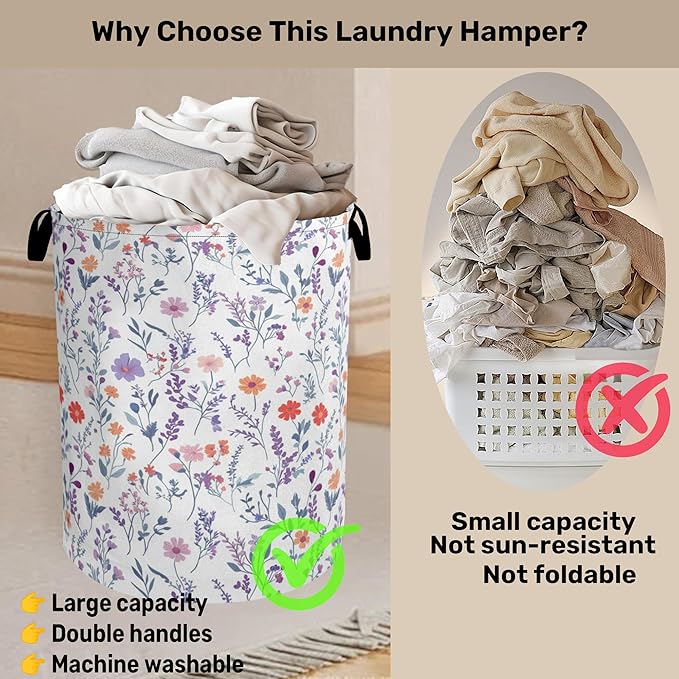 Spring Wildflowers Laundry Basket with Handles - Extra Large Foldable Hamper for Bathroom/Laundry/Bedroom/Dorm, Washable Fabric Storage Bin