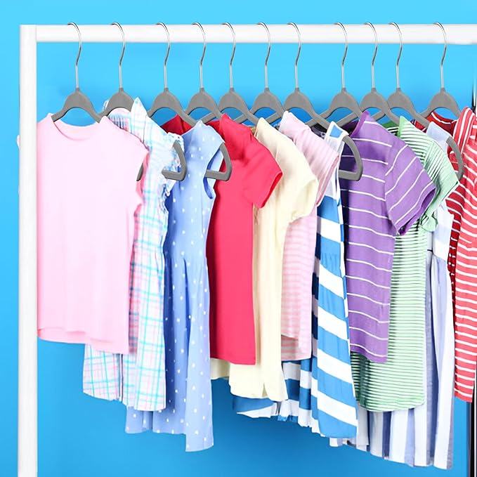 Gray Velvet Kids Hangers 100 Pack, 10.83" Non-Slip Baby & Toddler Hangers for Clothes, Space-Saving Slim ABS Plastic with 360° Swivel Hook & Notched Shoulders, Up to 10 lb Capacity