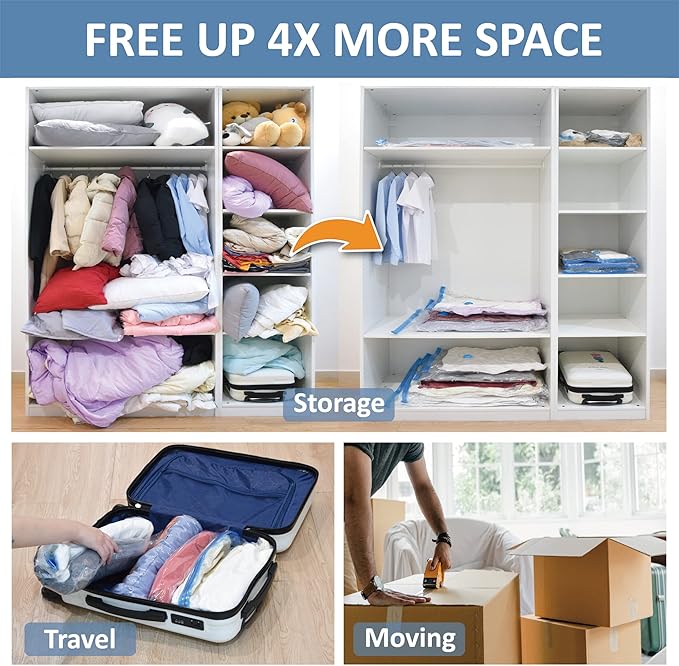 12 Pack Space Saver Bags (2 Jumbo/2 Large/2 Medium/2 Small/4 Roll) Compression Storage Bags for Comforters and Blankets, Vacuum Sealer Bags for Clothes Storage, Hand Pump Included
