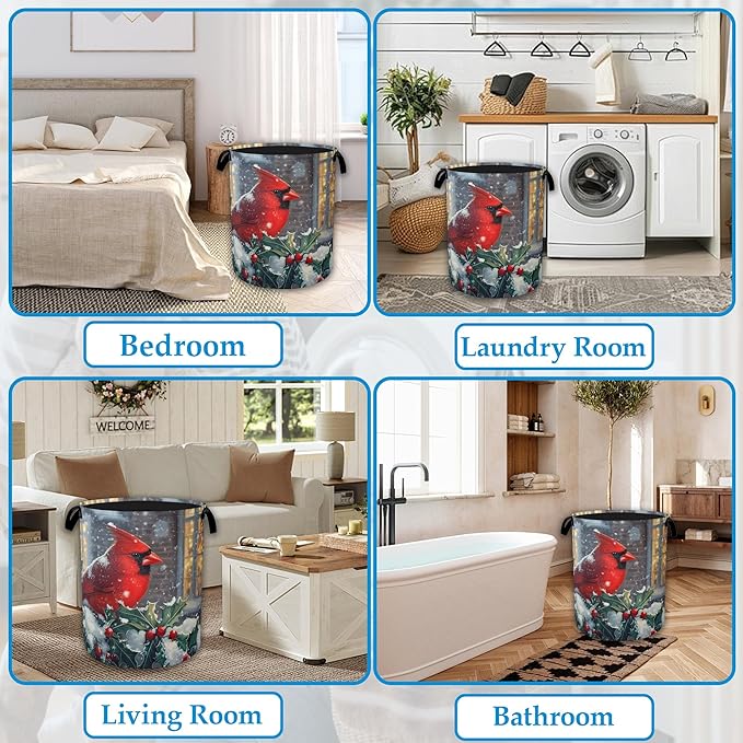 Winter Cardinal Red Bird Laundry Basket Collapsible Laundry Hamper, Oxford Cloth Storage Bin for Room/Bathroom/Bedroom/Dormitories 16" X 20.8"