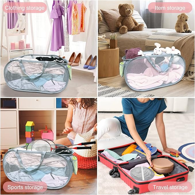 2 PCS Mesh Laundry Hamper,Collapsible Laundry Baskets,75L Large Foldable Dirty Clothes Hamper Storage Basket Horizontal with Side Pocket&carry Handle for Home,Travel grey