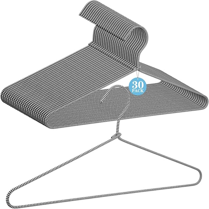 30 Pcs Fabric Wrapped Metal Hangers Covered Wire Hanger Metal Coat Hangers Non Slip for Clothes Closet Clothing Suit Shirt Pant (Black and White Stripe)