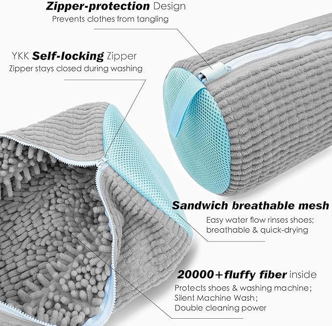 Shoe Washing Machine Bag,Laundry Shoe Bag for Washer and Dryer,Reusable Shoe Cleaning Bag for Sneakers,Tennis Shoes,With Self-locking Zipper, Microfiber Inside,Include Shoes Storage Bag (Grey(2PC))