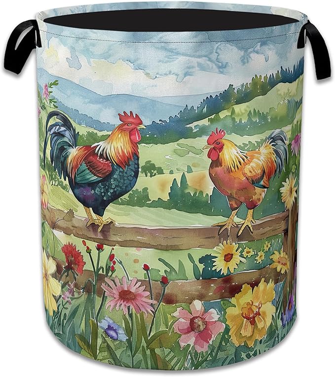 Rooster Laundry Hamper Farm Floral Laundry Basket Collapsible Portable Clothes Toy Storage Bin for Bathroom Bedroom Room Decor 16 X 20.8 Inch