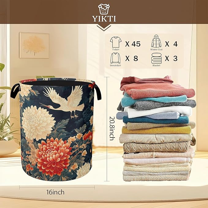 Collapsible Laundry Basket,Retro Crane Dirty Clothes Hamper,Vintage Flowers Hampers for Bedroom Waterproof Oxford Cloth Storage Organizer for Bathroom,Nursery,Dorm,16x20 Inch