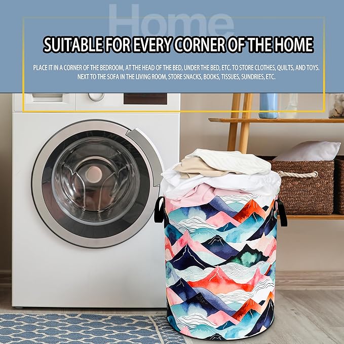 Mountains Waves Laundry Basket Colored Mountain Foldable Oxford Cloth Funny Tote Bag Laundry Hamper Clothes Storage Bucket Toy Organizer For Bathroom/Laundry Storage/Bedroom 18.9x16.5 In