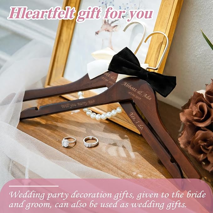 2 Pcs Personalized Wedding Hanger for Bride and Groom, Wooden Bride Hanger, Custom Mr and Mrs Hangers with Bow Tie for Tuxedo, Bridal Party Shower, Wedding Gift