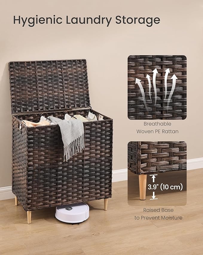 SONGMICS Laundry Hamper with Lid, 42 Gal. (160 L) PE Rattan Laundry Basket with Lid and Handles, Natural Material,Removable Machine Washable Liner, Chestnut Brown ULCB223ME01