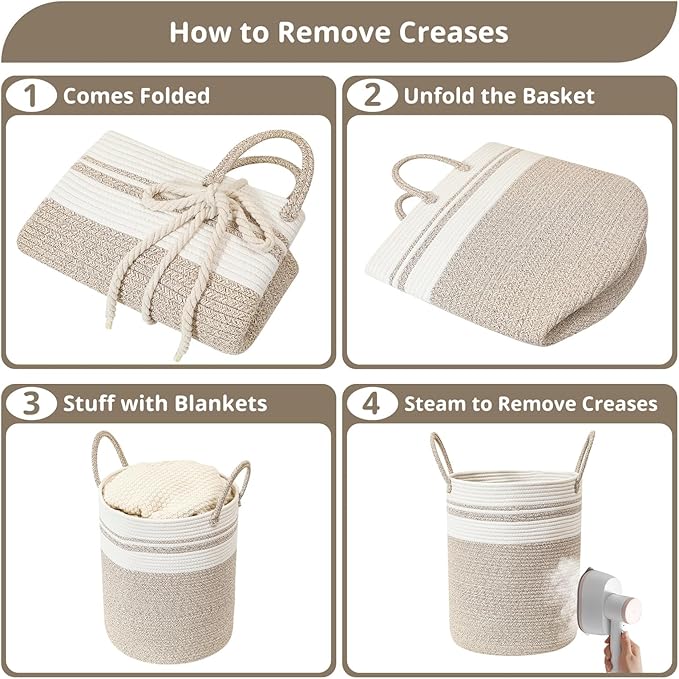 60L Large Woven Laundry Basket Hamper, 100% Natural Cotton Rope, Handwoven & Durable, Storage for Blankets, Toys, Clothes, Nursery Hamper for Living Room, Baby Room (Brown with White)