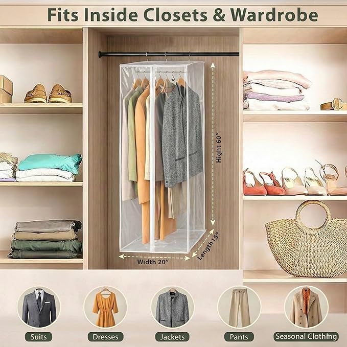 Garment Bag - Clear Hanging Closet Organizer - Durable Zippered Cover with Rod Protects Dresses, Suits, and Jackets from Dust and Moist- Top Metal Frame to Keep All Your Stuff in Shape- 60" x 20" x 15