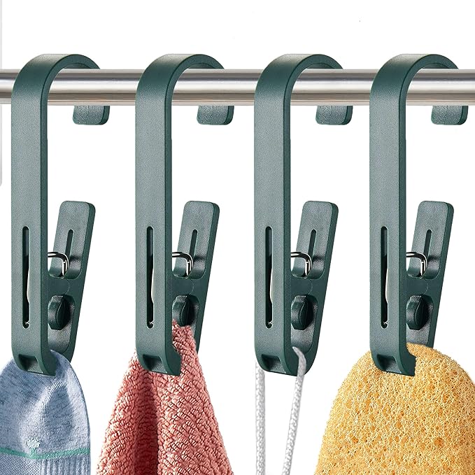 XoYoZo Laundry Hooks with Clips Hanger Closet Organizer Clamps Socks Boot Bras Towels for Bathroom Wardrobe Kitchen Office 4Pcs (Green)