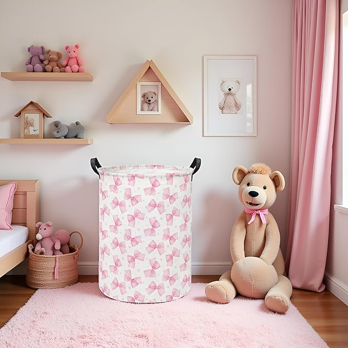 Baby Laundry Hamper kids laundry Basket Waterproof Storage Bin for Bedroom Toy Clothes Organizer Basket Woodland Animals Room Décor(Pink Bowknot)