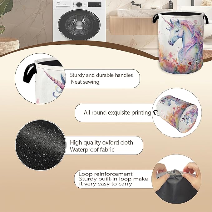 Watercolor Unicorn Laundry Hamper,Girls Colorful Flower Clothes Hamper for Laundry,Waterproof Oxford Toy Storage Collapsible Hampers for Bedroom, Dorm Room,Bathroom,16x20 Inch