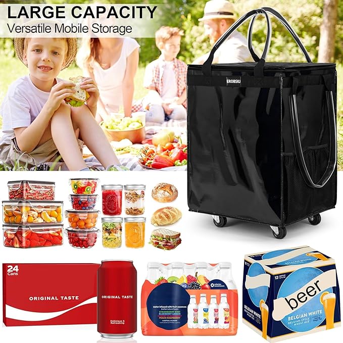 (Medium,Black) Reusable Grocery Bag on Wheels, 70L Foldable Rolling Tote, Carries Up to 66 lbs Shopping Trolley, Zipper Clouser Shopping Carts for Trips, Laundry, 4 Heavy Duty Wheels and 3 Handles