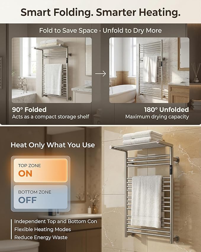High-Density Foldable Heated Towel Rack, Smart Dual-Zone App/Voice Control Towel Warmer Rack, GFCI Plug-in/Hardwired, Wall-Mount, Drill-Free Install,Brushed, CA3-1100X550-Ultra-S