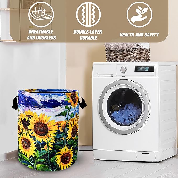 Beautiful Sunflower Flowers Laundry Basket Foldable Oxford Cloth Funny Tote Bag Laundry Hamper Clothes Storage Bucket Toy Organizer For Bathroom/Laundry Storage/Bedroom 18.9x16.5 Inch