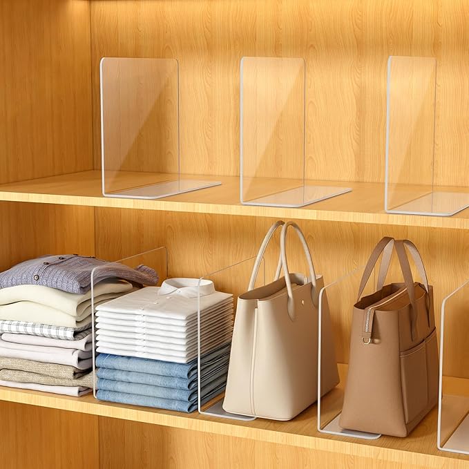 Purse Organizer for Closet Shelf Dividers - 10" Tall X 12" Deep Clear Acrylic Shelf Dividers for Closet Organization - Free-Standing Adhesive Design for Wood & Wire Shelves Bedroom Kitchen 4 Pack
