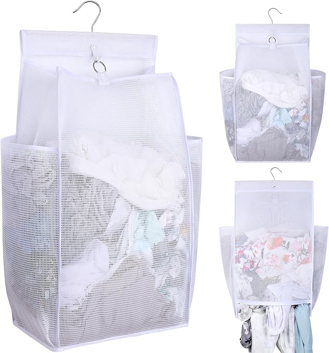 Hanging Collapsible Breathable Mesh Laundry Hamper, White, 24 x 14.2 x 7.5 in