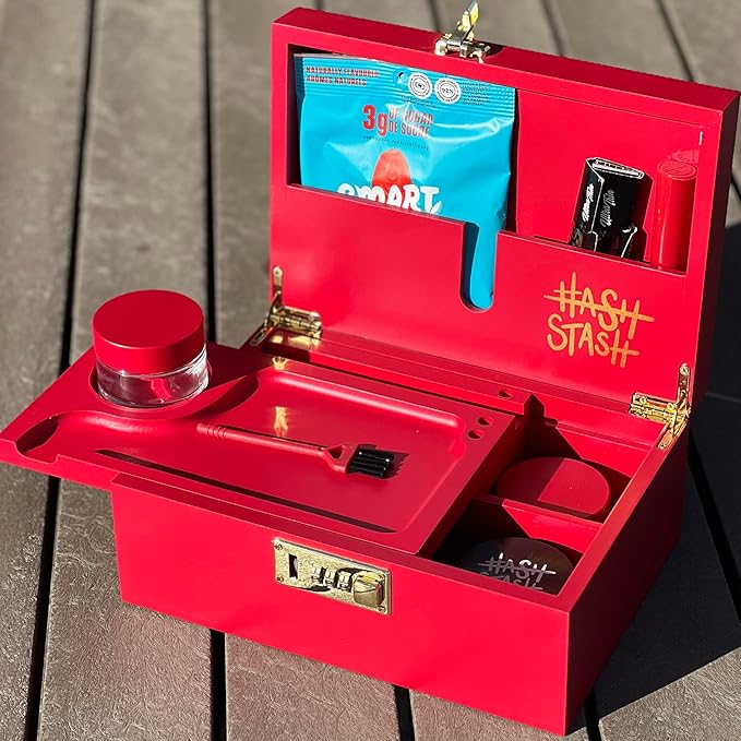 The OG Storage Box - Large Bamboo Box with Combination Lock, Magnetic Lid, Organizer Tray, Airtight Tube, Brush and 3 Glass Jars - Low Profile Decorative Storage Lock Box with Accessories (Red/Gold)