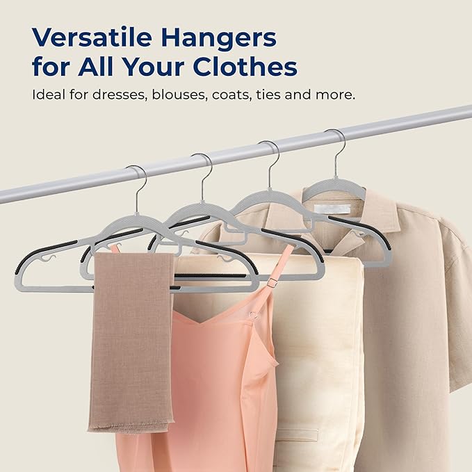SereneLife 50-Pack Grey Plastic Clothes Hangers with Rubber Pads, Durable, Non-Slip, 360° Swivel Metal Hook, Space-Saving Ultra-Thin, Weight Capacity 6 lbs for Shirts, Dresses & Closet Organization