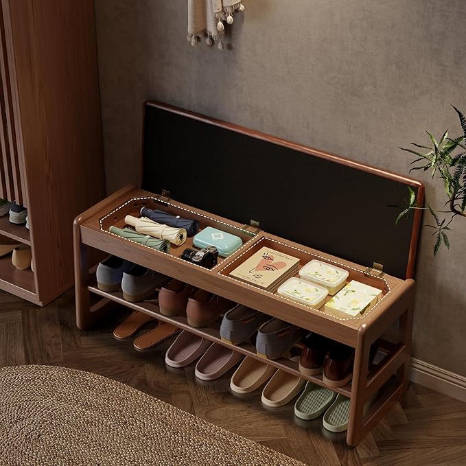 AQIMUELE Shoe Rack Bench,2 Tiers Shoe Bench with Storage with Flip-Top,Wood Shoe Rack for Entryway,Hallway（Orange Upholstered Seat）