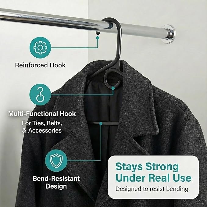 DEILSY™ Black Heavy Duty Hangers with Hooks for Scarves & Belts – Thick and Strong Clothes Hangers for Shirts, Jackets, Pants, and Dresses – Space-Saving Plastic Hangers – Pack of 10