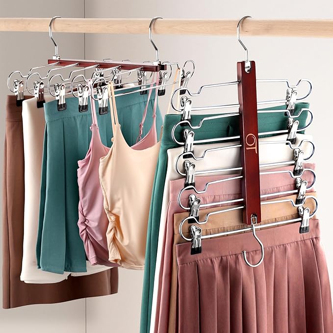 2 Pack Skirt Hangers with Clips, Space Saving Beechwood 5 Tier Pants Hangers with 360° Swivel Hook, Closet Organizer for Skirts, Pants, Tank Top-College Dorm Room Essentials (Brown)