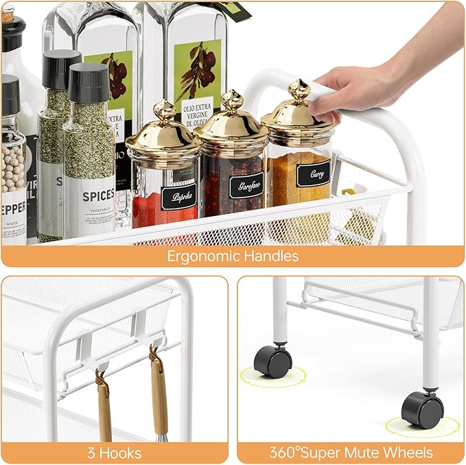 TOOLF 5-Tier Rolling Cart, Metal Utility Cart with 3 Hooks, Easy Assemble Mobile Storage Trolley On Wheels, Metal Shelving Units Kitchen Bathroom Laundry Room