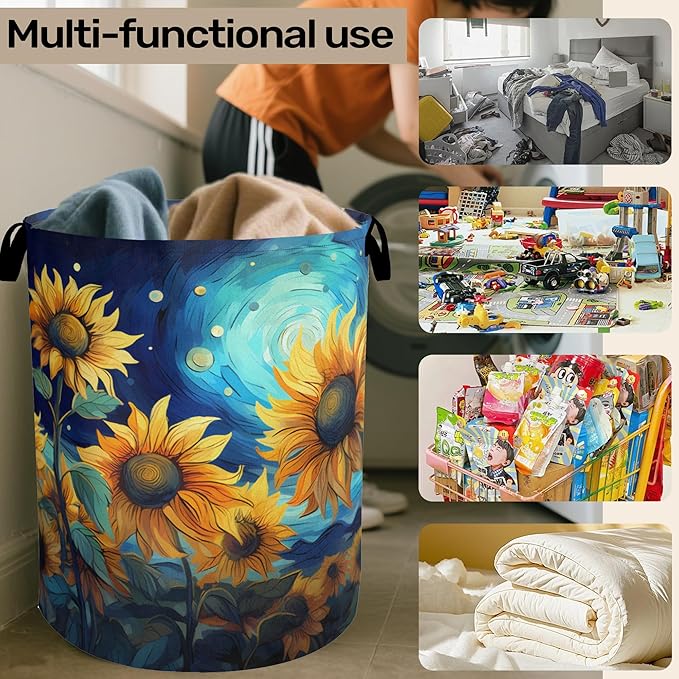 Starry Sky Sunflower Laundry Basket - Heavy Duty 60L Dirty Clothes Organizer, Water Resistant Foldable Hamper for Men Women