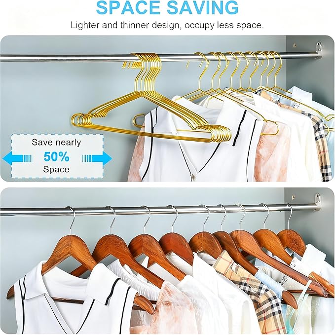 Coat Hangers 40 Pack Clothes Hangers, Metal Hanger Heavy Duty Wire Hangers with Non Slip Notch, Ultra Thin Stainless Steel Hanger Space Saving Clothing 16.5 Inch Gold