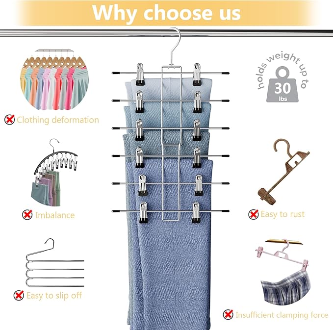 Pants Hangers-Closet Organizers and Storage-Hanging Closet Organizer-6 Tier-Skirt & Pants Hanger Space Saving-Durable Closets Organization Hanger-Skirt Hangers with Clips-4 Pack -Apartment Essentials
