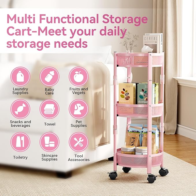 TOOLF 3-Tier Foldable Metal Storage Rolling Cart, Collapsible Utility Cart, No Assemble, Multifunction Organizer Trolley with Lockable Wheels for Kitchen, Living Room, Bathroom, Pink