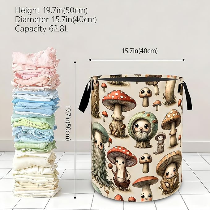 Whimsical Mushroom Laundry Basket,Dirty Clothes Hamper,Fantasy Forest Storage Bin,Nature Lovers Gifts,Waterproof Oxford Cloth Baskets for Bathroom,Bedroom,Home Decoration(19.7" x 15.8")