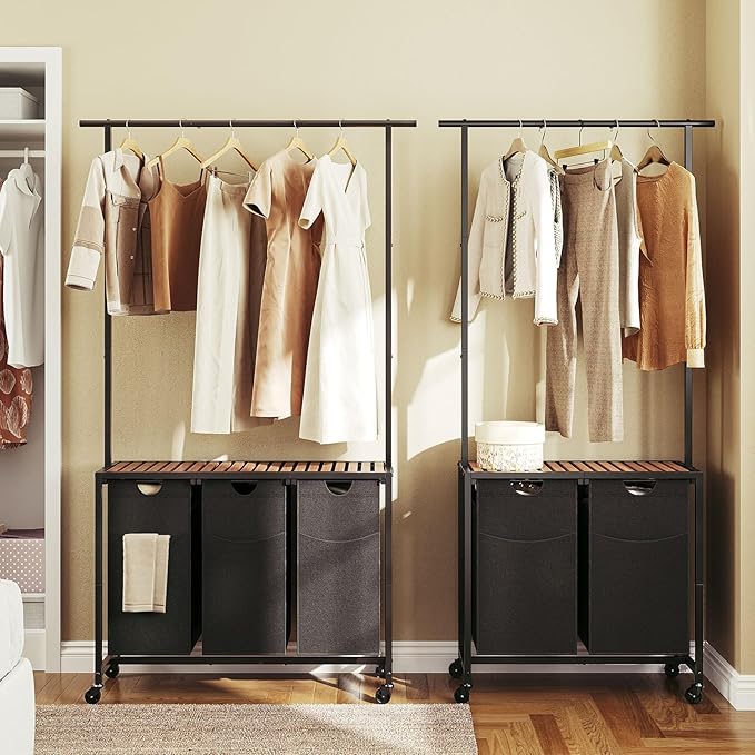 Laundry Sorter 3 Section, Rolling Laundry Hamper with Hanging Rack, Laundry Sorter with Wheels, Hampers for Laundry, Laundry Basket Organizer for Laundry Room, Rustic Brown LS37BR