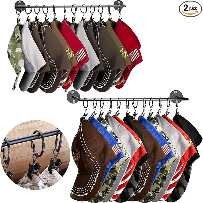 Hat Rack for Baseball Cap Organizer with 24 Hooks, Modern Metal Hats Storage Wall Mounted Caps Hanger for Closet Door Bedroom Entryroom Laundry, 2 Pack