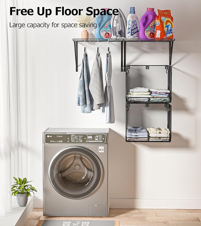 2 Pack Laundry Room Shelves Organization And Storage,Wall Mounted Clothes Drying Rack With Wire Mesh Basket Over Washer And Dryer,Large Capacity Floating Wall Shelf For Bathroom,Kitchen,Storeroom
