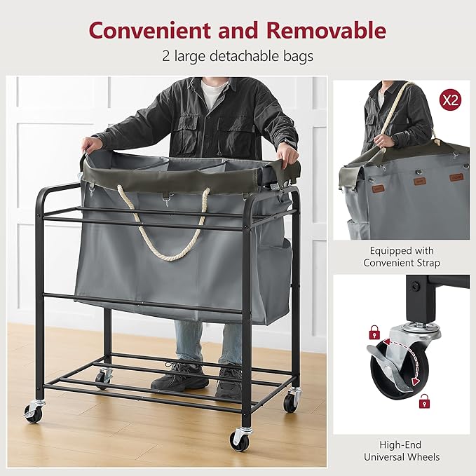 Tajsoon 295L Extra Large Laundry Cart 6 Section, Heavy Duty Laundry Sorter with Lockable Wheels, Laundry Basket with Sturdy Metal Frame, Leather Patchwork Laundry Separated with Removable Bags, Grey