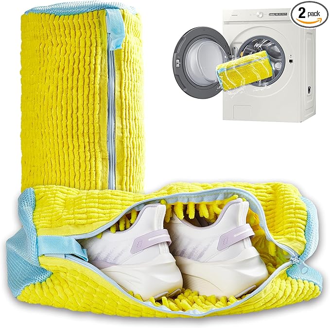 2Pcs Reusable Shoe Cleaning Bag, Yellow Mesh, Polyester, Laundry Bags, Zipper Closure, XX-Large, Modern, Hangable, Scratch Resistant, 2 Count