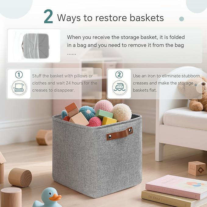 Cube Storage Baskets 6 Pack, 11x11 inch Cube Storage Bins with Leather Handles for Shelf Closet (Gray)